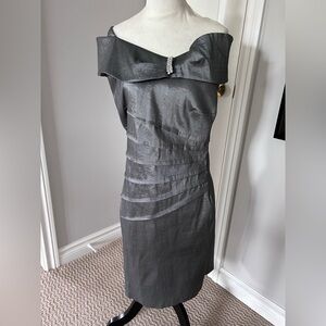 Sophisticated dark silver off the shoulder cocktail dress by Bali